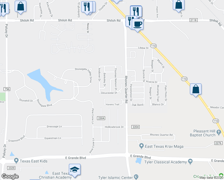 map of restaurants, bars, coffee shops, grocery stores, and more near 5728 Nicholson Drive in Tyler
