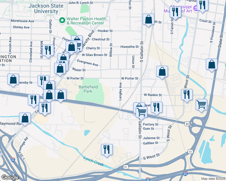 map of restaurants, bars, coffee shops, grocery stores, and more near 1129 Langley Avenue in Jackson