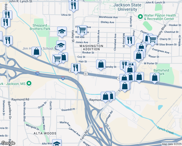 map of restaurants, bars, coffee shops, grocery stores, and more near Highway 80 West in Jackson