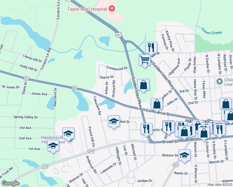 map of restaurants, bars, coffee shops, grocery stores, and more near 17 Orchard Road in Hawkinsville