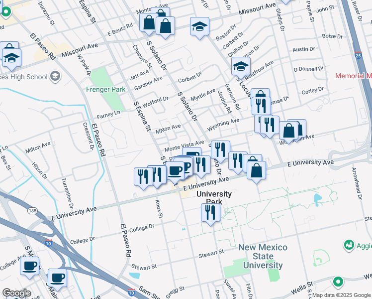 map of restaurants, bars, coffee shops, grocery stores, and more near 2325 College Street in Las Cruces