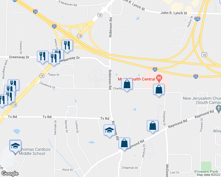 map of restaurants, bars, coffee shops, grocery stores, and more near 1999 Chadwick Drive in Jackson
