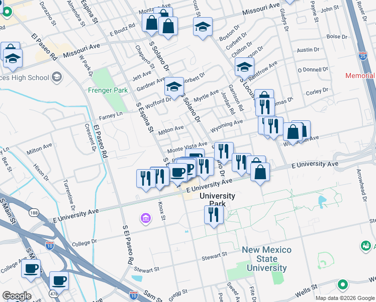 map of restaurants, bars, coffee shops, grocery stores, and more near 2325 College Street in Las Cruces