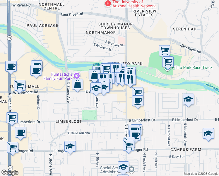 map of restaurants, bars, coffee shops, grocery stores, and more near 565 East Wetmore Road in Tucson