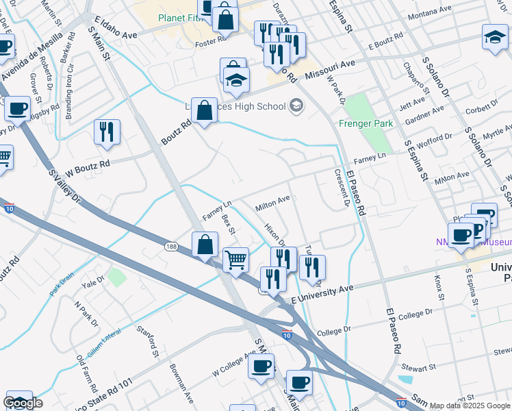 map of restaurants, bars, coffee shops, grocery stores, and more near 405 Milton Avenue in Las Cruces