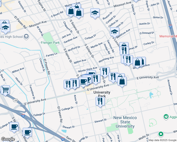 map of restaurants, bars, coffee shops, grocery stores, and more near 2325 College Street in Las Cruces