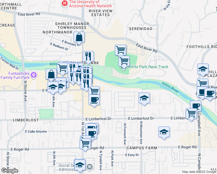 map of restaurants, bars, coffee shops, grocery stores, and more near 811 East Wetmore Road in Tucson