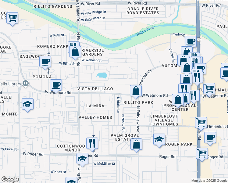 map of restaurants, bars, coffee shops, grocery stores, and more near 1031 West Schafer Drive in Tucson