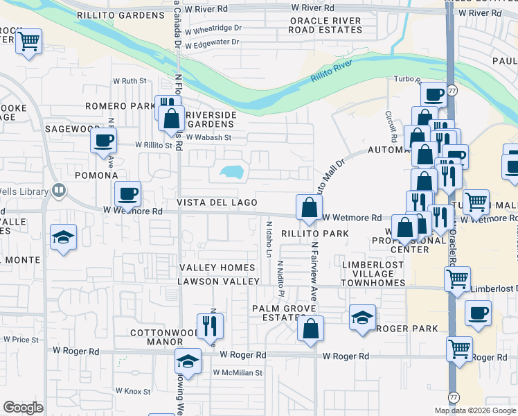 map of restaurants, bars, coffee shops, grocery stores, and more near 1031 West Schafer Drive in Tucson