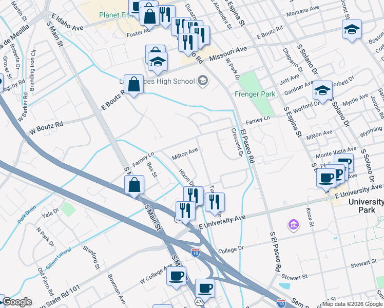 map of restaurants, bars, coffee shops, grocery stores, and more near 465 Milton Avenue in Las Cruces