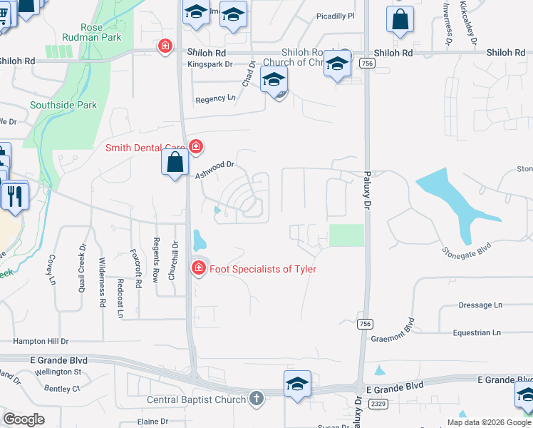 map of restaurants, bars, coffee shops, grocery stores, and more near 1161 Garden Park Circle in Tyler