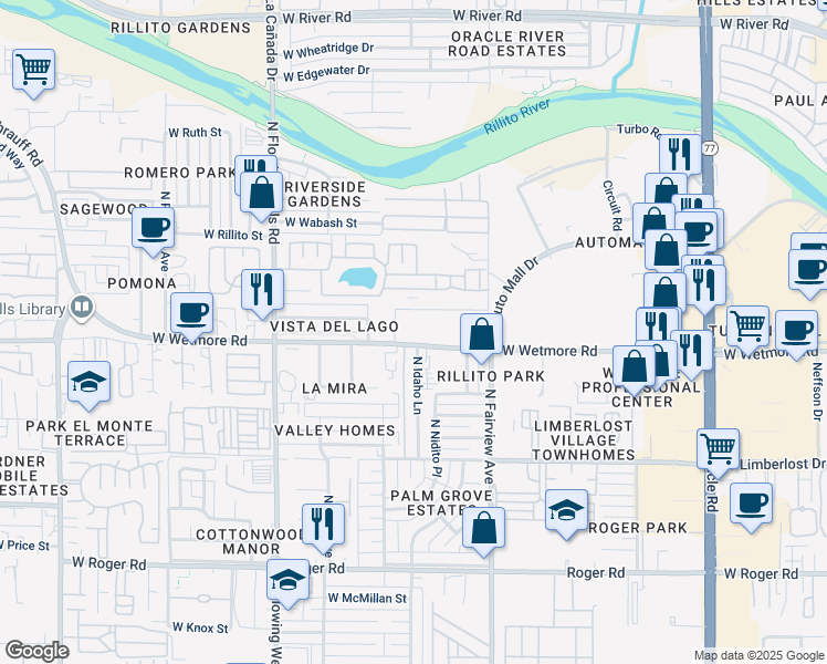 map of restaurants, bars, coffee shops, grocery stores, and more near 1000 West Wetmore Road in Tucson
