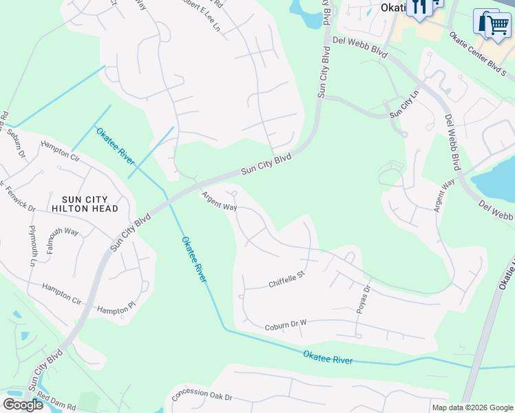 map of restaurants, bars, coffee shops, grocery stores, and more near 174 Argent Way in Bluffton