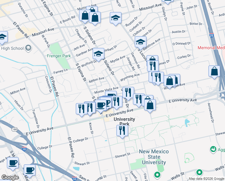map of restaurants, bars, coffee shops, grocery stores, and more near 1202 Monte Vista Avenue in Las Cruces