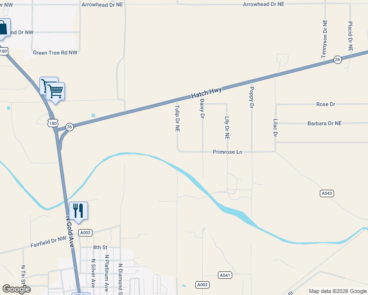map of restaurants, bars, coffee shops, grocery stores, and more near 2339 Tulip Drive in Deming