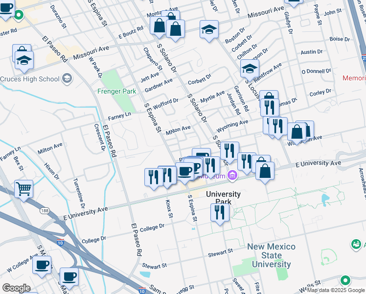 map of restaurants, bars, coffee shops, grocery stores, and more near 2325 College Street in Las Cruces