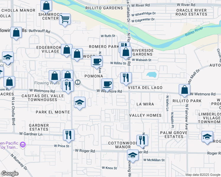 map of restaurants, bars, coffee shops, grocery stores, and more near 1540 West Wetmore Road in Tucson