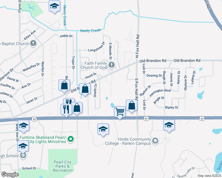 map of restaurants, bars, coffee shops, grocery stores, and more near 3801 Old Brandon Road in Pearl