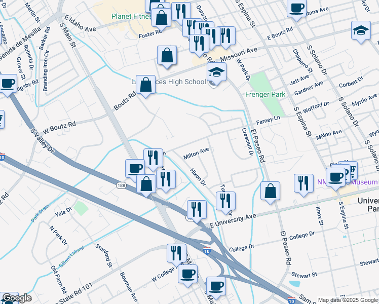map of restaurants, bars, coffee shops, grocery stores, and more near 465 Milton Avenue in Las Cruces