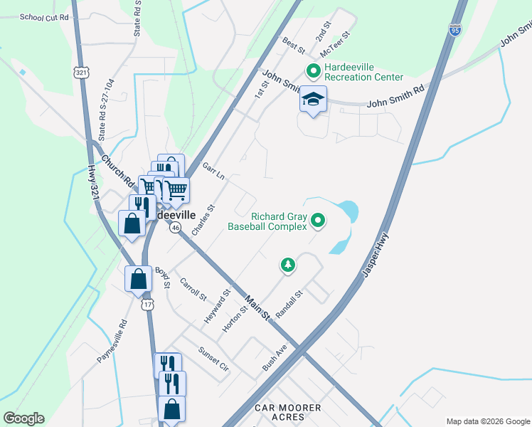map of restaurants, bars, coffee shops, grocery stores, and more near Branchwood Circle in Hardeeville