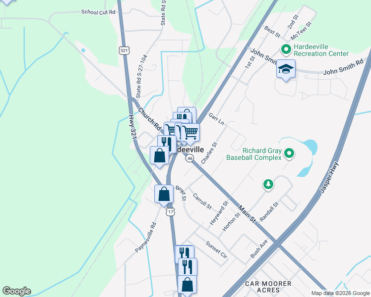 map of restaurants, bars, coffee shops, grocery stores, and more near 22548 Whyte Hardee Boulevard in Hardeeville