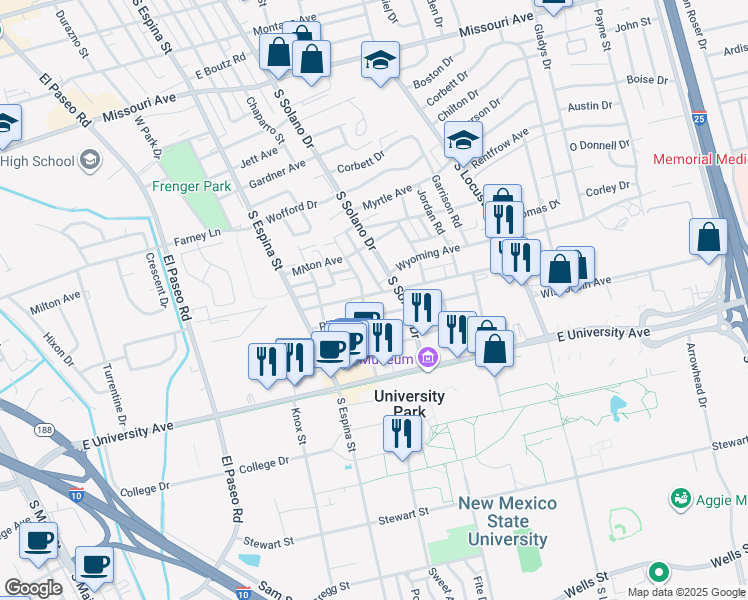 map of restaurants, bars, coffee shops, grocery stores, and more near 1206 Monte Vista Avenue in Las Cruces