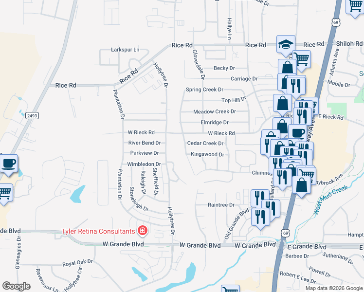 map of restaurants, bars, coffee shops, grocery stores, and more near 5703 Spring Creek Drive in Tyler