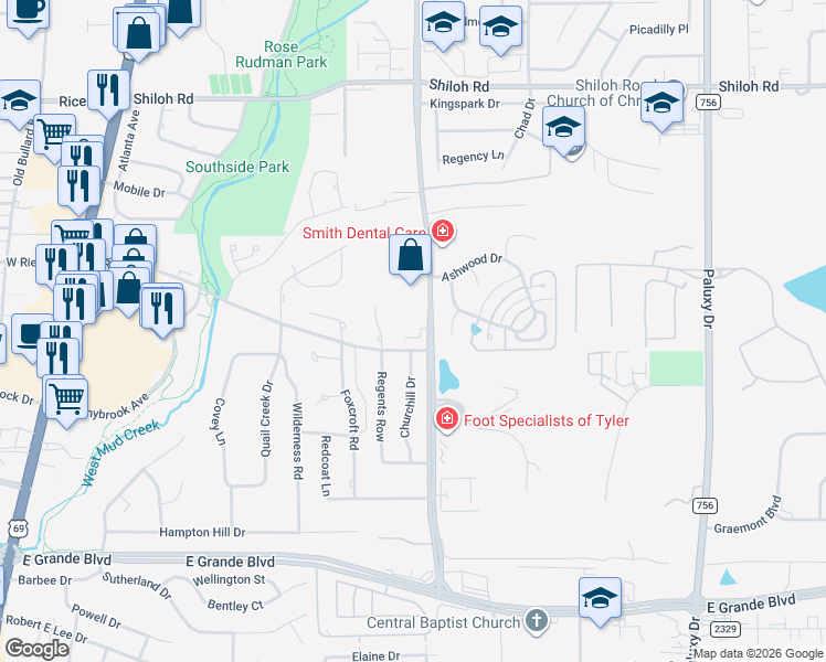 map of restaurants, bars, coffee shops, grocery stores, and more near 5791 New Copeland Road in Tyler