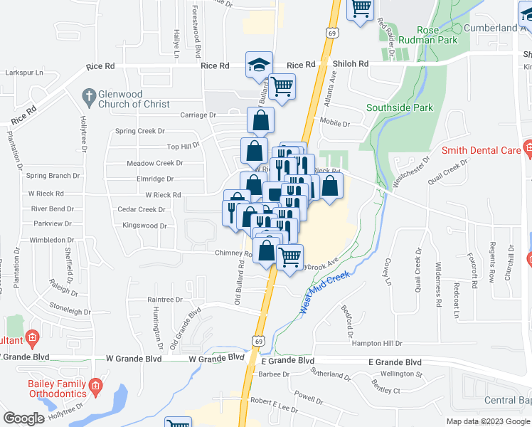 map of restaurants, bars, coffee shops, grocery stores, and more near 5701 South Broadway Avenue in Tyler