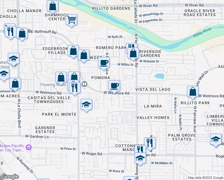 map of restaurants, bars, coffee shops, grocery stores, and more near 1540 West Wetmore Road in Tucson