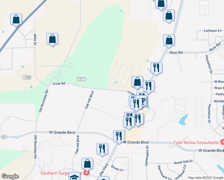 map of restaurants, bars, coffee shops, grocery stores, and more near 2801 Crow Road in Tyler