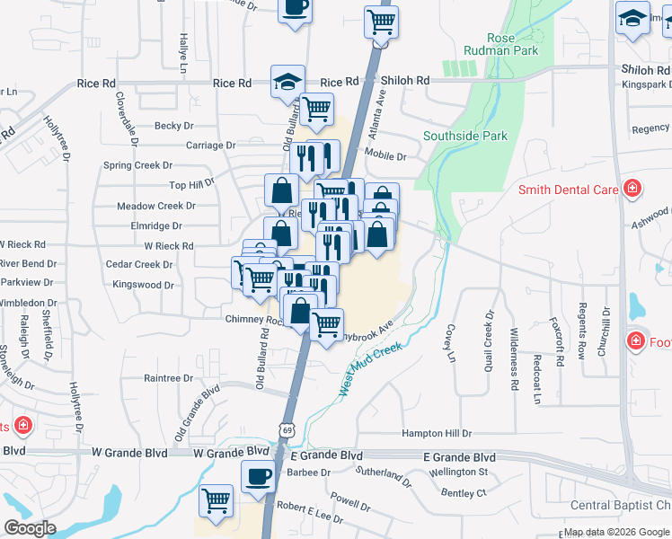 map of restaurants, bars, coffee shops, grocery stores, and more near 5701 South Broadway Avenue in Tyler