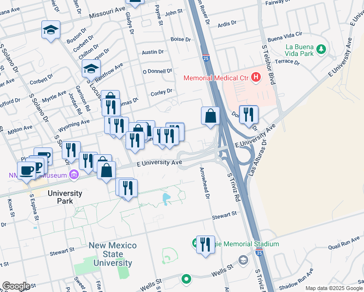 map of restaurants, bars, coffee shops, grocery stores, and more near 1773 E University Ave in Las Cruces