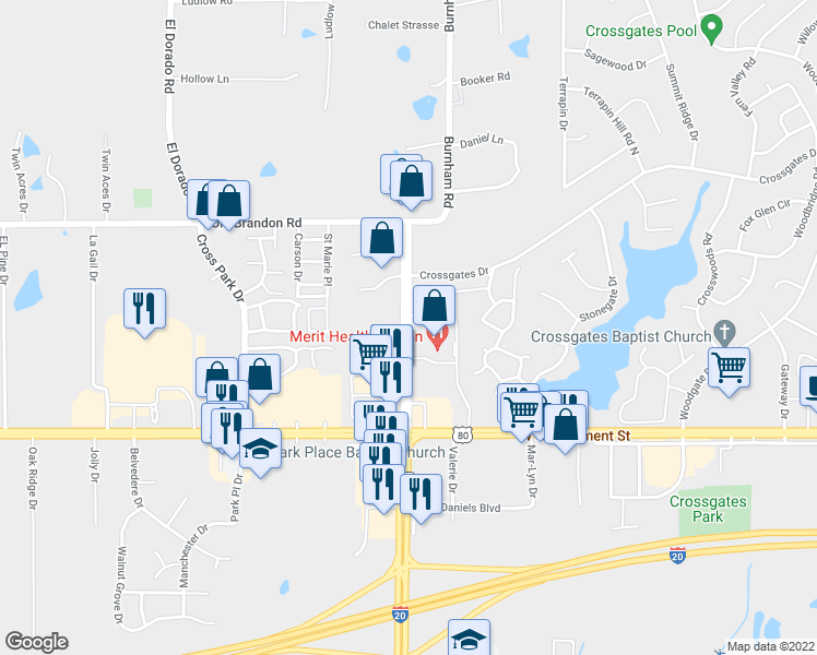 map of restaurants, bars, coffee shops, grocery stores, and more near 382 Crossgates Boulevard in Brandon