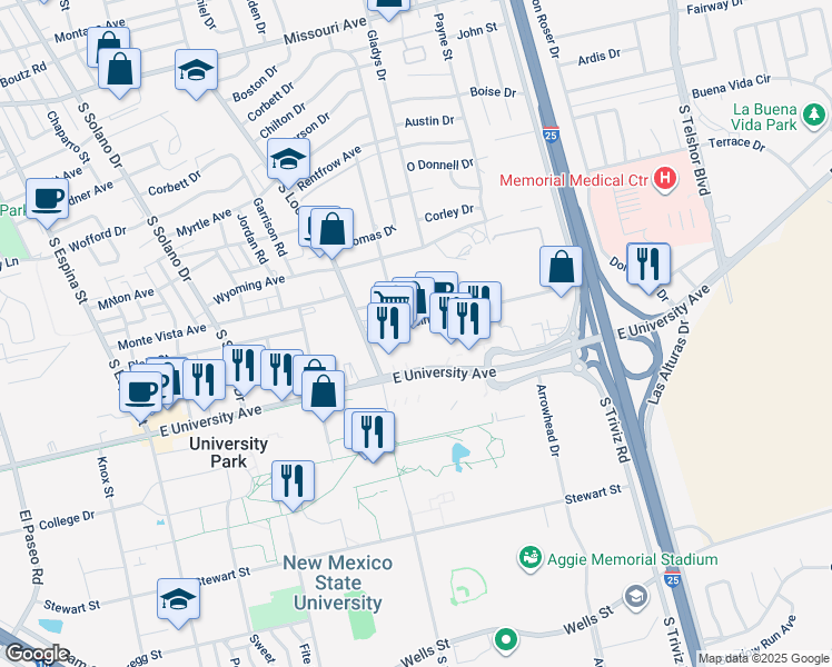 map of restaurants, bars, coffee shops, grocery stores, and more near 1700-2398 Wisconsin Ave in Las Cruces