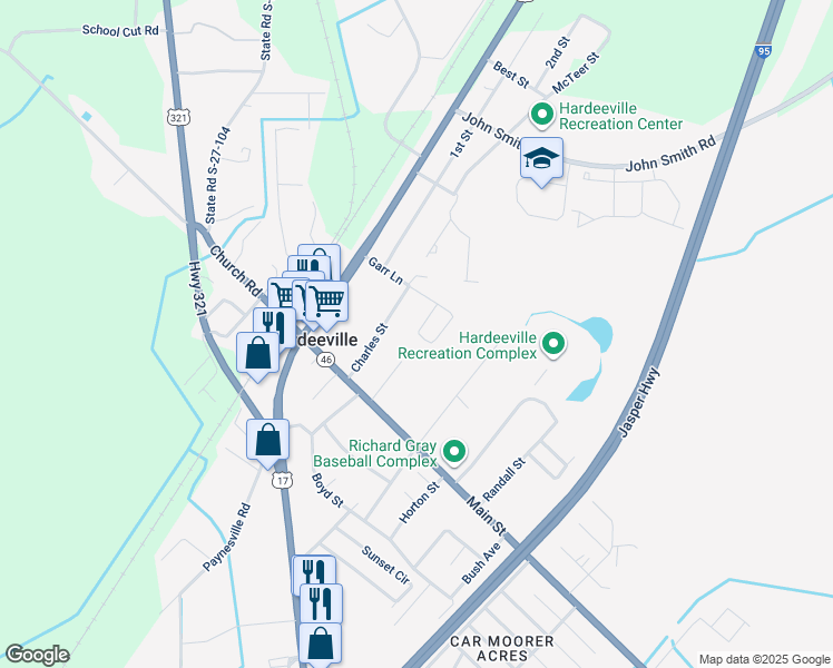 map of restaurants, bars, coffee shops, grocery stores, and more near Branchwood Circle in Hardeeville