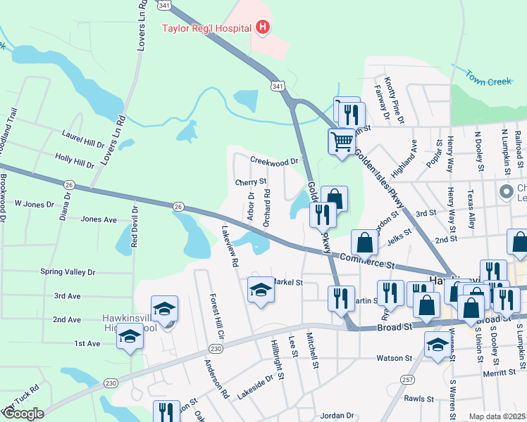 map of restaurants, bars, coffee shops, grocery stores, and more near 17 Orchard Road in Hawkinsville