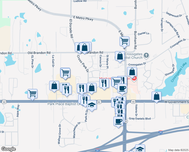 map of restaurants, bars, coffee shops, grocery stores, and more near 440 Cross Park Drive in Pearl
