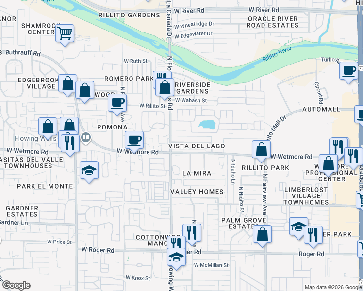map of restaurants, bars, coffee shops, grocery stores, and more near 1319 West Schafer Drive in Tucson