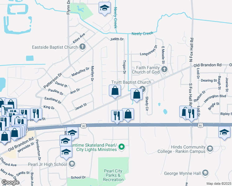 map of restaurants, bars, coffee shops, grocery stores, and more near 115 Belaire Drive in Pearl