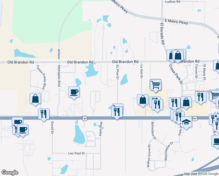 map of restaurants, bars, coffee shops, grocery stores, and more near 143-151 El Pine Road in Pearl