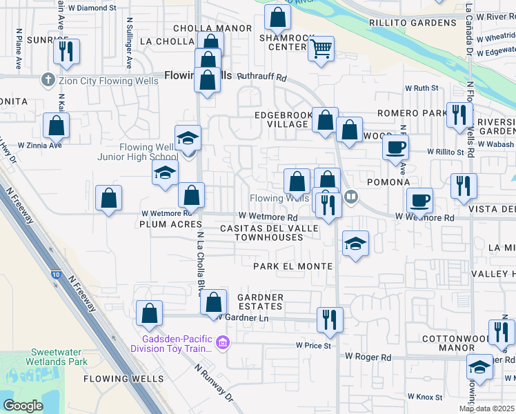 map of restaurants, bars, coffee shops, grocery stores, and more near 1980 West Wetmore Road in Tucson