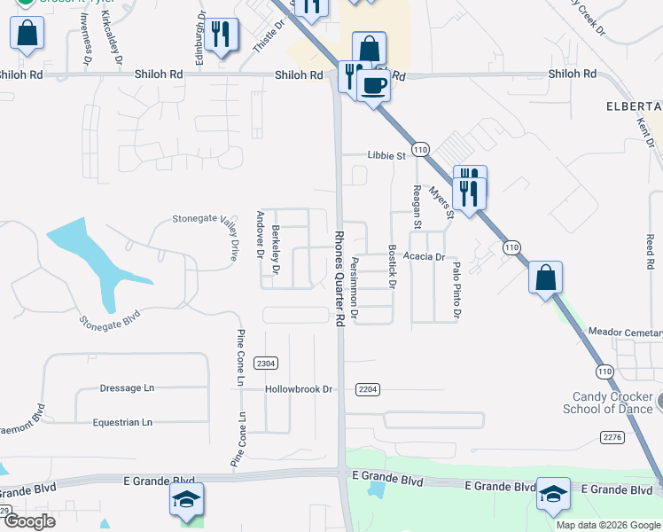 map of restaurants, bars, coffee shops, grocery stores, and more near 5714 Gloucester Drive in Tyler