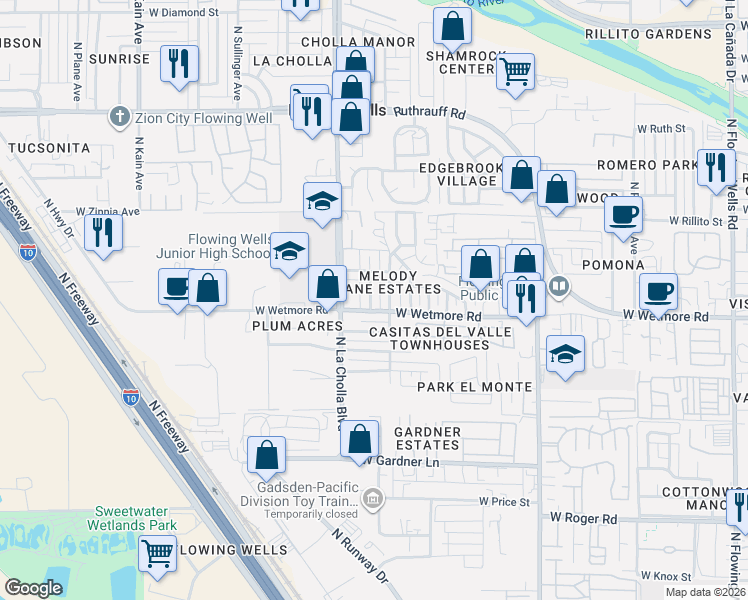 map of restaurants, bars, coffee shops, grocery stores, and more near 4410 North Alicia Avenue in Tucson