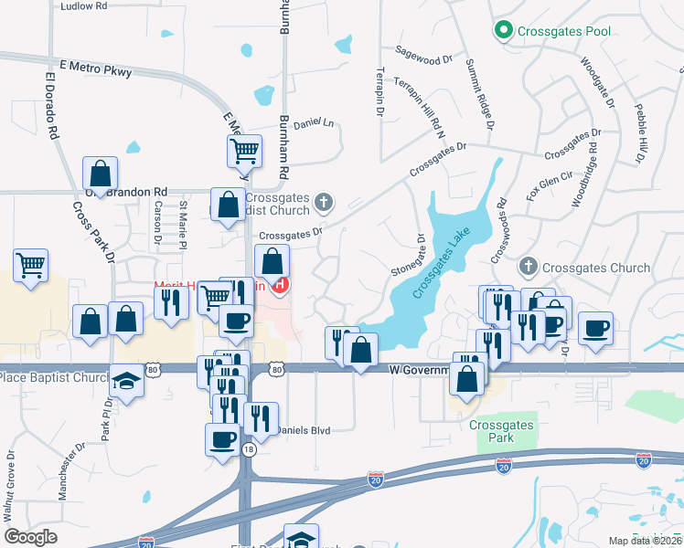 map of restaurants, bars, coffee shops, grocery stores, and more near 138 Pleasant Grove Drive in Brandon