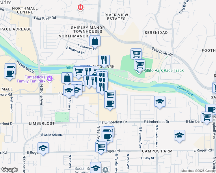 map of restaurants, bars, coffee shops, grocery stores, and more near 4430 North 1st Avenue in Tucson