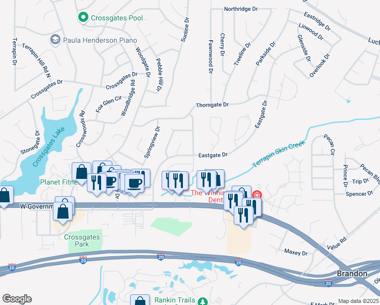 map of restaurants, bars, coffee shops, grocery stores, and more near 49 Eastgate Drive in Brandon