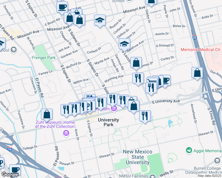 map of restaurants, bars, coffee shops, grocery stores, and more near 2405 South Solano Drive in Las Cruces