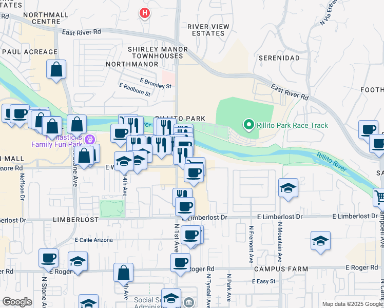 map of restaurants, bars, coffee shops, grocery stores, and more near 4430 North 1st Avenue in Tucson