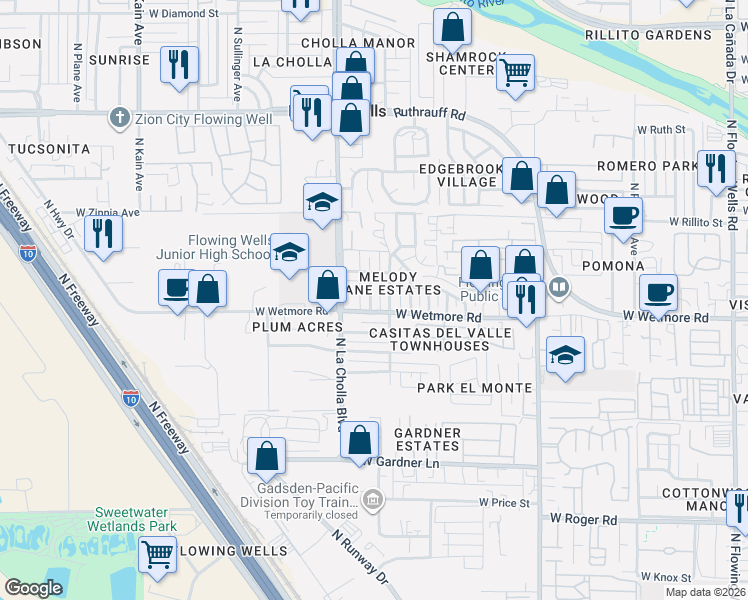 map of restaurants, bars, coffee shops, grocery stores, and more near 4410 North Alicia Avenue in Tucson